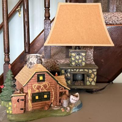 Ceramic Log Cabin Tea Light Holder and Fireplace Lamp