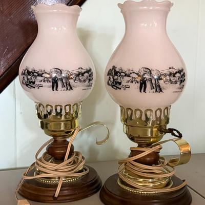 Set of Vintage Currier & Ives Milk Glass Hurricane Electric Lamps w/ Wood Base