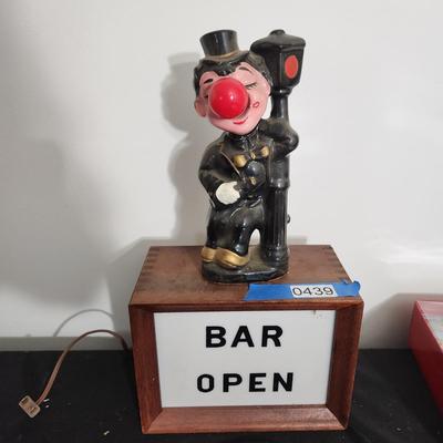 Vintage Bar Open Sign W Bum Hanging on Lightpost Light Barware Mancave