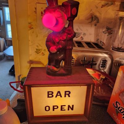Vintage Bar Open Sign W Bum Hanging on Lightpost Light Barware Mancave