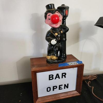 Vintage Bar Open Sign W Bum Hanging on Lightpost Light Barware Mancave