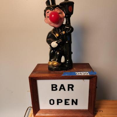Vintage Bar Open Sign W Bum Hanging on Lightpost Light Barware Mancave
