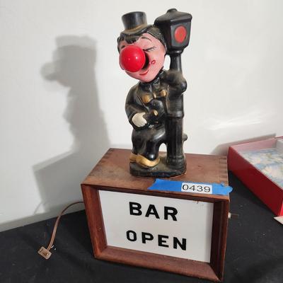 Vintage Bar Open Sign W Bum Hanging on Lightpost Light Barware Mancave