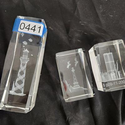 3 Glass Paperweights Lighthouse Twin Towers