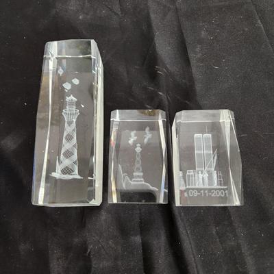 3 Glass Paperweights Lighthouse Twin Towers