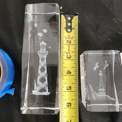 3 Glass Paperweights Lighthouse Twin Towers