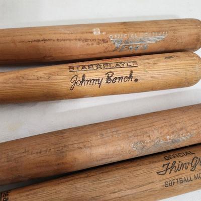 4 Vintage Wood Baseball bats Louisville Slugger 125L Venus, 125Y Thin Grip, H&B Johnny Bench