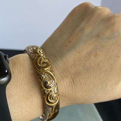 Antique gold tone Etched Bangle Bracelet