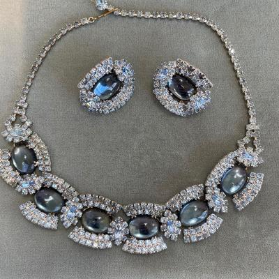 Vintage Chunky Blue Rhinestone Necklace and Earrings