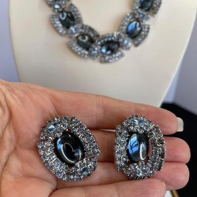 Vintage Chunky Blue Rhinestone Necklace and Earrings