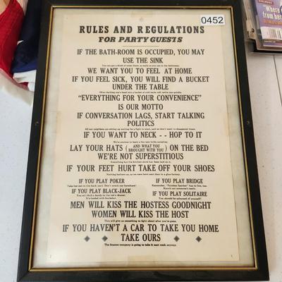 Framed Vintage Rules & Regulations for Party Guests Bar Sign
