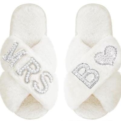Size 10 Women's Bride Slippers Mrs B Slipper for Wedding with Personalized Initial Pearl Design