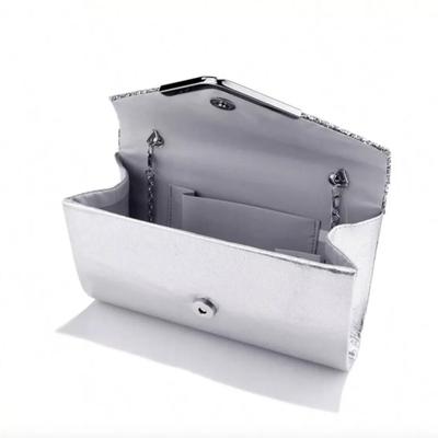 Silver Clutch Bag V Design Metal Chain Glitter Sequined Evening Bag
