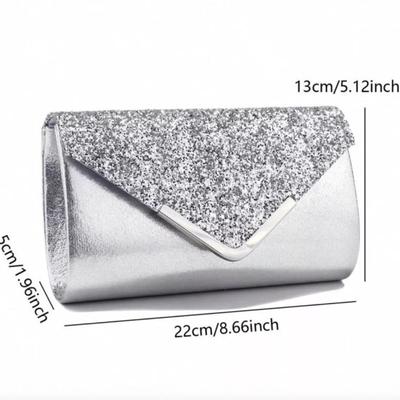 Silver Clutch Bag V Design Metal Chain Glitter Sequined Evening Bag