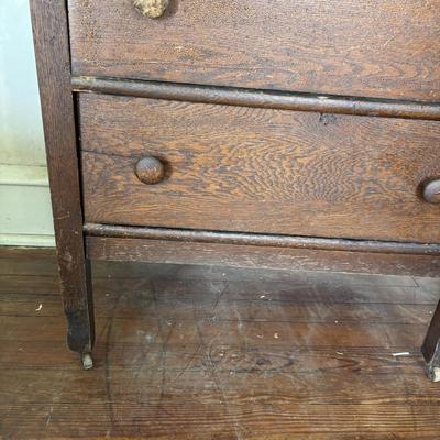 LOT 631: Vintage Oak Dresser on Wheels