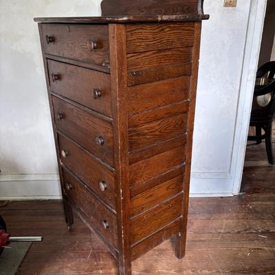 LOT 631: Vintage Oak Dresser on Wheels