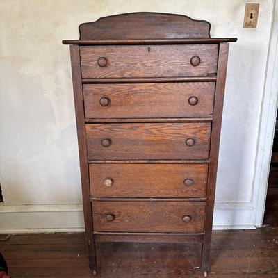 LOT 631: Vintage Oak Dresser on Wheels