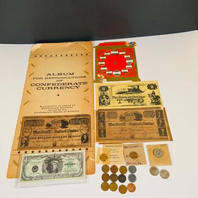 LOT 656: Reproduction and Novelty Currency and Wheat Back Pennies, a Coin Collection Birthday Card and More