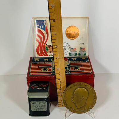 LOT 658: Tin Box Banks, 1969 First Issue Philadelphia Mint Opening Medal and Bronze Eisenhower Medal