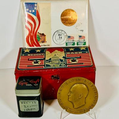 LOT 658: Tin Box Banks, 1969 First Issue Philadelphia Mint Opening Medal and Bronze Eisenhower Medal
