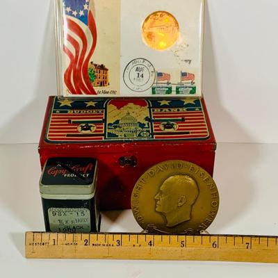 LOT 658: Tin Box Banks, 1969 First Issue Philadelphia Mint Opening Medal and Bronze Eisenhower Medal