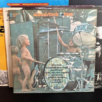 LOT 441: LP Collection: Woodstock, Woody Guthrie, Joe Cocker, Janis Joplin, Easy Rider Soundtrack & Woodstock 25th Anniversary Calendar