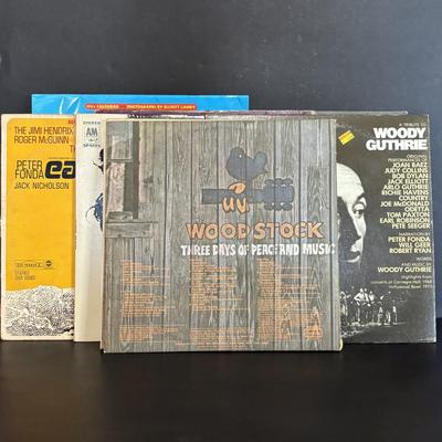 LOT 441: LP Collection: Woodstock, Woody Guthrie, Joe Cocker, Janis Joplin, Easy Rider Soundtrack & Woodstock 25th Anniversary Calendar