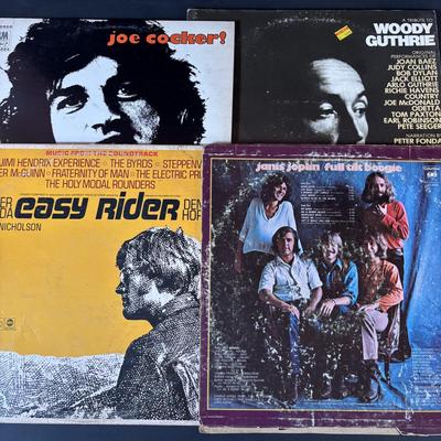 LOT 441: LP Collection: Woodstock, Woody Guthrie, Joe Cocker, Janis Joplin, Easy Rider Soundtrack & Woodstock 25th Anniversary Calendar