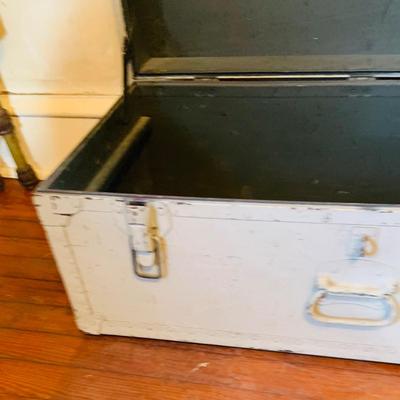 LOT 664: Doehler White Foot Locker, GE Electric Westminster Chime Mantle Clock, Air Guide Wood Wall Weather Station and Banjo Barometer
