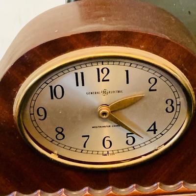 LOT 664: Doehler White Foot Locker, GE Electric Westminster Chime Mantle Clock, Air Guide Wood Wall Weather Station and Banjo Barometer