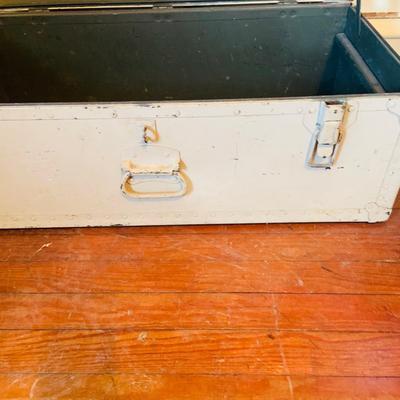 LOT 664: Doehler White Foot Locker, GE Electric Westminster Chime Mantle Clock, Air Guide Wood Wall Weather Station and Banjo Barometer