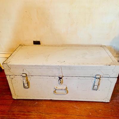 LOT 664: Doehler White Foot Locker, GE Electric Westminster Chime Mantle Clock, Air Guide Wood Wall Weather Station and Banjo Barometer