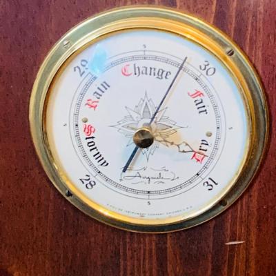 LOT 664: Doehler White Foot Locker, GE Electric Westminster Chime Mantle Clock, Air Guide Wood Wall Weather Station and Banjo Barometer