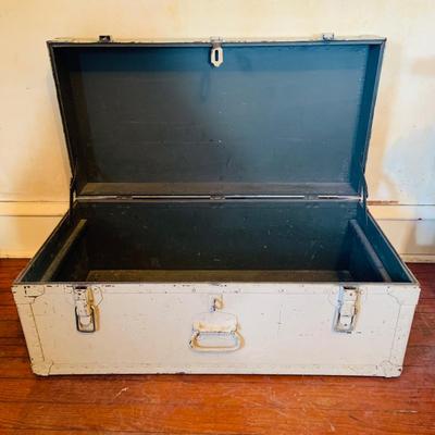 LOT 664: Doehler White Foot Locker, GE Electric Westminster Chime Mantle Clock, Air Guide Wood Wall Weather Station and Banjo Barometer