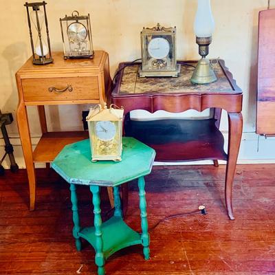 LOT 666: Three Side Tables, Three Anniversary Clocks, an Hourglass and a Lamp