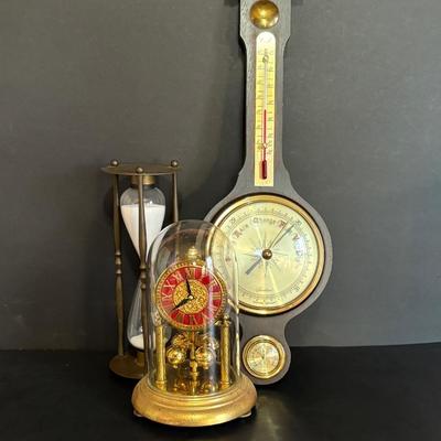 LOT 707: Kern Anniversary Clock, Brass Hourglass & Traditions Barometer