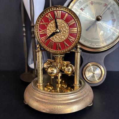 LOT 707: Kern Anniversary Clock, Brass Hourglass & Traditions Barometer