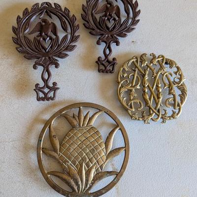 Vintage Colonial Williamsburg Cypher Wilton Cast Iron Eagle & Heart Pineapple Trivets
