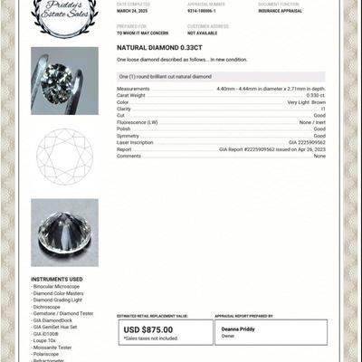 GIA Certified Round Brilliant .33 CT I1 Loose Natural Diamond with Appraisal