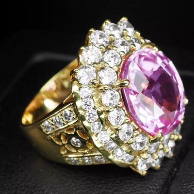 Luxurious Fuchsia Pink Tourmaline 9Ct 925 Sterling Silver 24K Gold Vermeil Ring