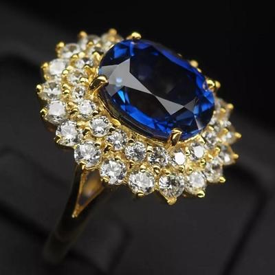 Classically Vivid Blue Sapphire 7.3Ct 925 Sterling Silver 24K Gold Vermeil Ring