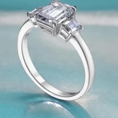 3-Stones Total 5carats Moissanite Anniversary Ring for Women, D Color Emerald Cut, 925 Sterling Silver Solitaire Total 5 cts Size 7