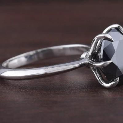 2 .00 Ct Natural Round Cut Black Diamond Solitaire Silver Ring