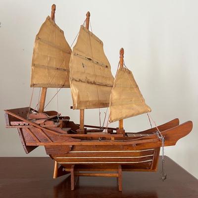 Vintage MCM Wooden Model Chinese "Junk" Ship 17"x18"