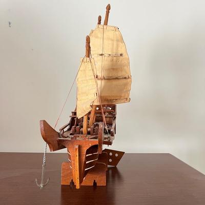 Vintage MCM Wooden Model Chinese "Junk" Ship 17"x18"