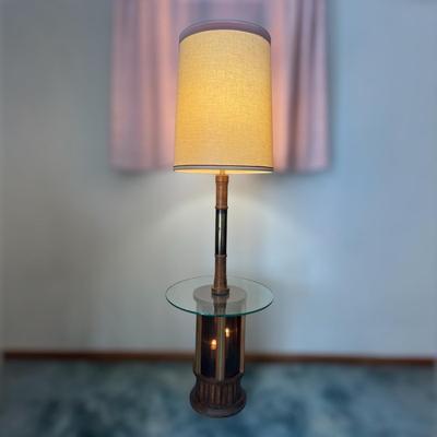 Vintage MCM Wood Brass 3-Way Floor Lamp