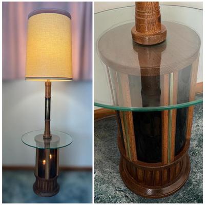 Vintage MCM Wood Brass 3-Way Floor Lamp