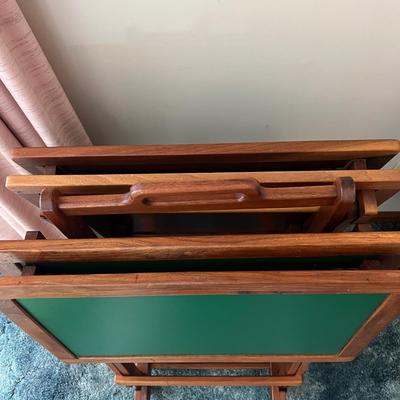 Vintage MCM Teak Set of 4 TV Tables with Storage Stand on Wheels
