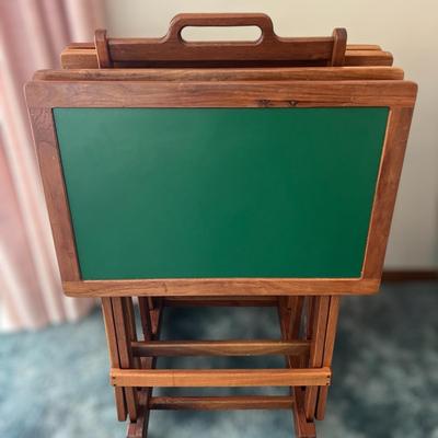 Vintage MCM Teak Set of 4 TV Tables with Storage Stand on Wheels