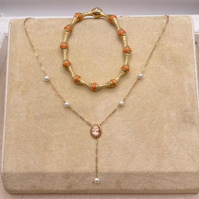 Gold Cameo Necklace with Bracelet - Both 14K (ST-SS)